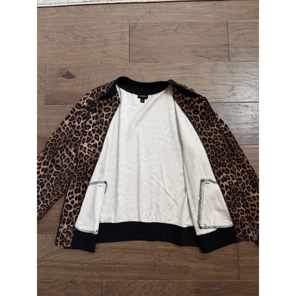 Torrid Womens Plus Size 1 Leopard Print Zip Up Bomber Jacket Brown Black Ribbed - Picture 4 of 8